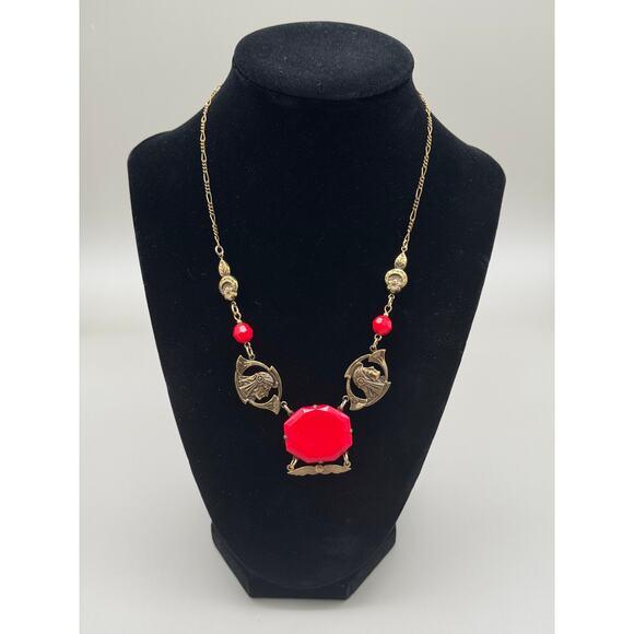 Vintage Sadie Green Antique Style Victorian Pendant Necklace with Red Glass - Picture 1 of 11